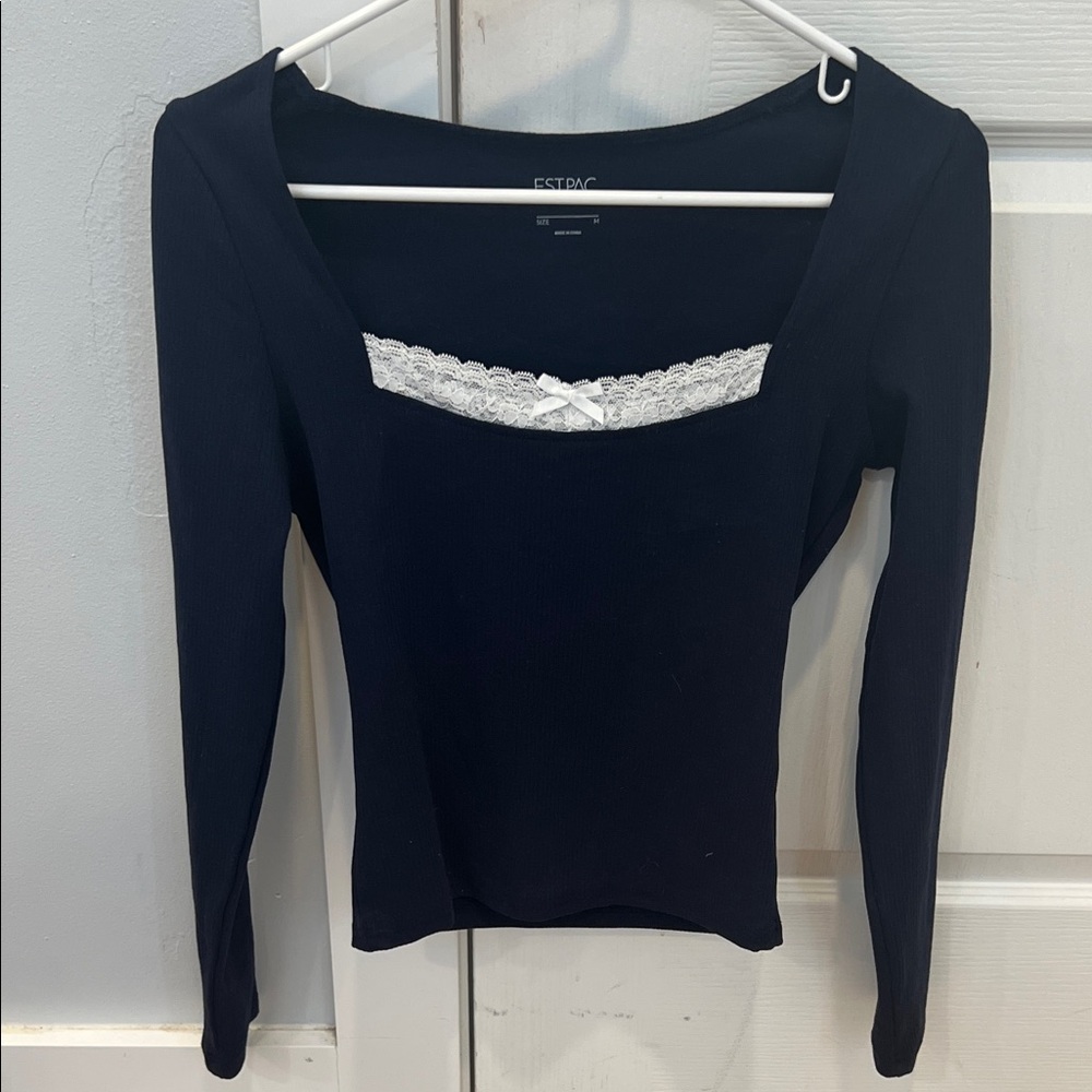 Navy blue Long Sleeve Top with Lace Detail
